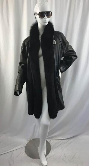 Leather Swing Coat With Black Fox Fur Trim. Size 10-12