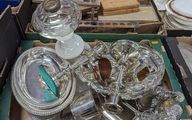 Lot details Mixed silver plated wares, to include table candlesticks...