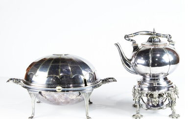 (Lot of 2) Chinoiserie plated tea kettle on stand & EPNS bun warmer globe flip top