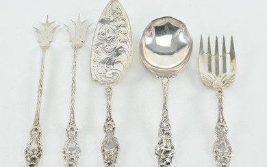 Lot of five sterling silver recast serving pieces.