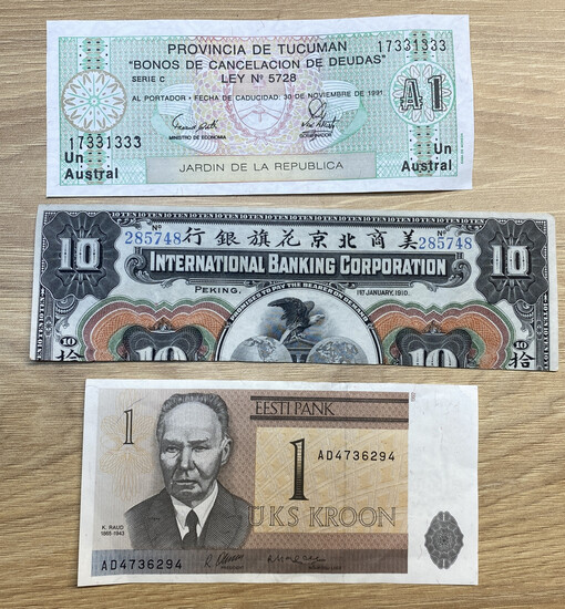 Lot of paper money: Estonia, Mexico, Provincia de Tucuman (3)
