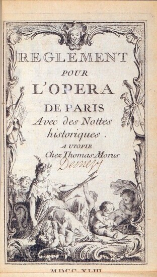 MEUSNIER DE QUERLON (Anne-Gabriel). Regulations for the Paris Opera, with historical notes. In Utopia, by Thomas Morus,1743. In-12, [1] f. (title-front), 68 p., 19th century vellum in Bradel style, red basane title-piece throughout (front endpaper...