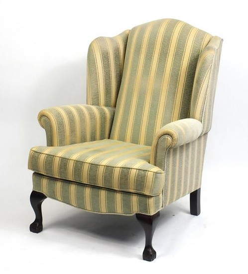 Mahogany framed wingback armchair with green and gold