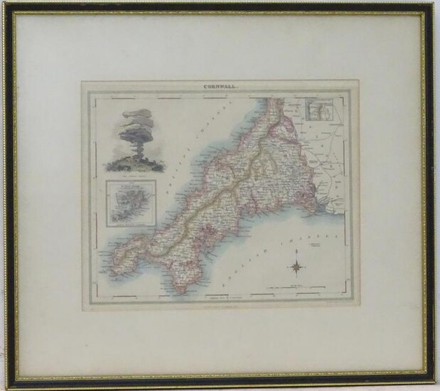 Map: A 19thC hand coloured engraved map of Cornwall