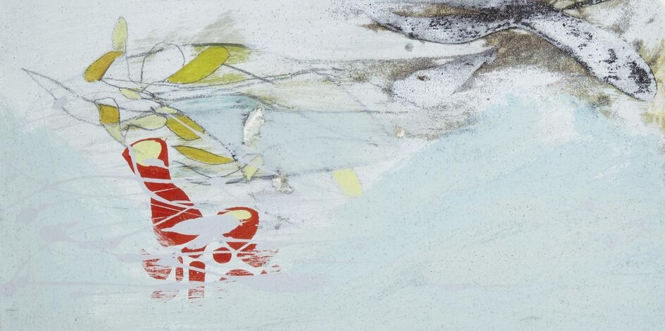Mark Surridge, British b.1963- Summer, Autumn, Red Dress, White Spirit, 2007; mixed media on paper, signed, stamped, titled and dated on the reverse 'Mark Surridge Summer, Autumn, Red Dress, White Spirit, 2007', 18.5 x 37 cm: together with another...