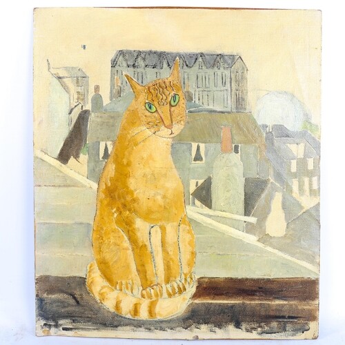Mid-20th century oil on canvas laid on board, ginger cat, un...