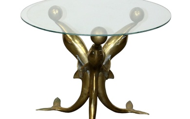 Mid-century brass side table with dolphins and glass top