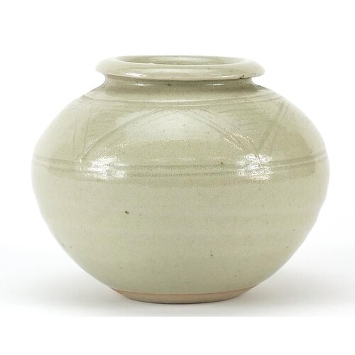 Mike Dodd studio pottery vase having a celadon glaze with in...