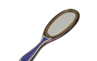 Miniature ladies` mirror with guilloche enamel in blue and white...