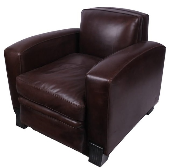 Modern Art Deco-Style Brown Leather Club Armchair