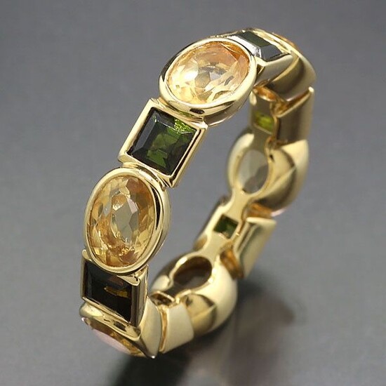 Moderner Eternityring - 18 kt. Yellow gold - Ring - 5.92 ct Tourmalines in green and citrine alternation of square and oval cut