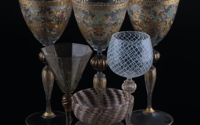 Murano Hand-Painted Gilt Decorated Glass Goblets with Murano Glass Stemware