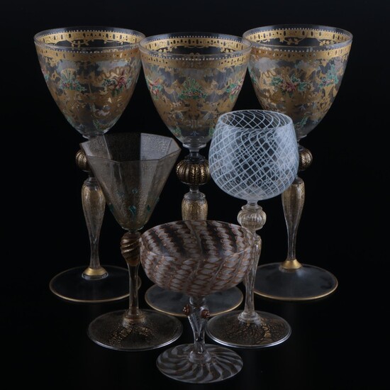 Murano Hand-Painted Gilt Decorated Glass Goblets with Murano Glass Stemware