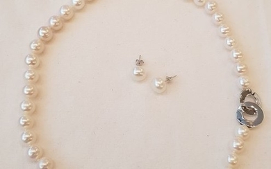 NO RESERVE PRICE - 925 Silver - 9x10mm Freshwater Pearls - Earrings, Necklace, Set