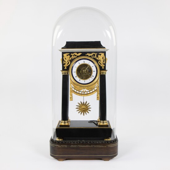 Napoleon III clock in black and white marble under bell jar marked on the dial Jutel à Paris