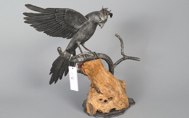 Nico Wiertz (1931-1986), sculpture en fer forgé sur socle en bois, Oiseau flottant avec crête,...
