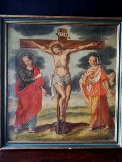 Oil painting on canvas Christ Crucified with Madonna and Mary Magdalene cm85x79.5 - canvas - First half 18th century