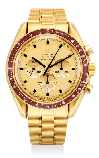 Omega, Ref. 145.022 A very fine and rare limited edition gold chronograph wristwatch with burgundy bezel, Apollo XI engraved case back and bracelet, with original International guarantee, original bill of sales and Crater presentation box