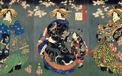 Original woodblock print triptych - Paper - Utagawa Kunihisa II (1832-1891), Utagawa Kunisada II (1823-1880) - Courtesans Koina of the Inamotoya, Tsuyasumi of the Kukimanji & Nakagawa of the Nakamanji - Japan - 1864 (Bunkyû 4/Genji 1)