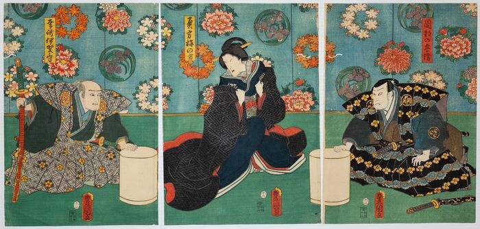 Original woodblock print triptych - Washi paper - Kabuki - Utagawa Kunisada (1786-1865) - Scene from the kabuki play "Datemoyō Somete Kisaragi" 晴模様染衣更着 - Japan - 1858 (Ansei 5), 2nd month