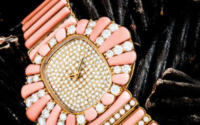 PATEK PHILIPPE. A LADY’S GORGEOUS AND POSSIBLY UNIQUE 18K GOLD AND DIAMOND-SET BRACELET WATCH WITH CORAL