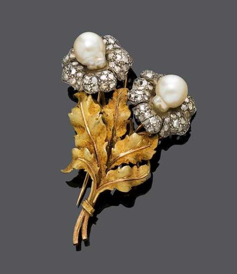PEARL AND DIAMOND FLOWER BROOCH, probably BY BUCCELLATI, ca. 1960.