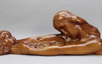 POTTEAU A. Signé Sculpture en bois "Mère avec main tendue vers l'enfant" - Longueur 84...