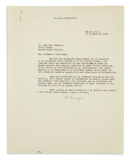 PRESIDENT OF MEXICO OBREGÓN, ÁLVARO. Group of 4 Typed Letters Signed, "AObregon," to...