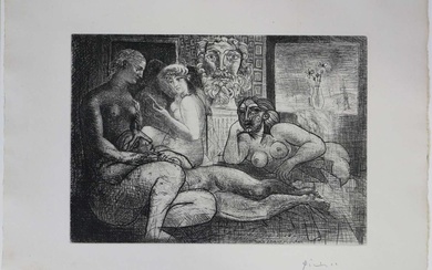 Pablo PICASSO (1886-1973), Quatre femmes nues et tête sculptée, 1934, eau-forte sur papier Montval, filigrane...