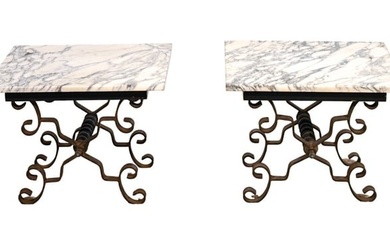 Pair Antique Wrought Iron and Marble Side Tables