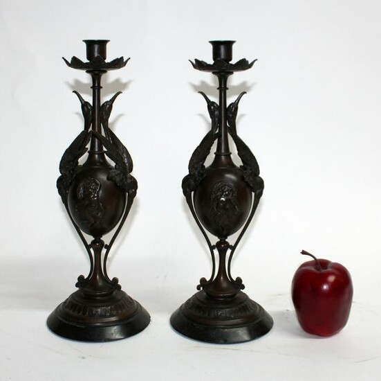 Pair French Gothic Revival bronze candleholders