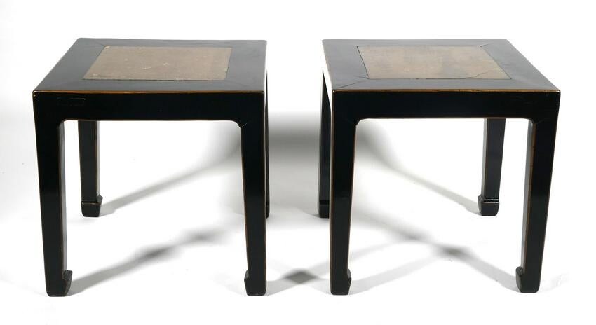 Pair Qing Dynasty Black Lacquer Low Stools