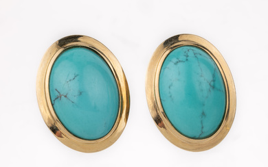 Pair of 14 kt gold turquoise-ear clips , YG 585/000,...