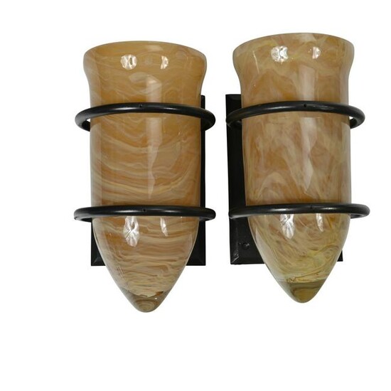 Pair of Art Deco Style Bronze and Blown Glass Sconces.