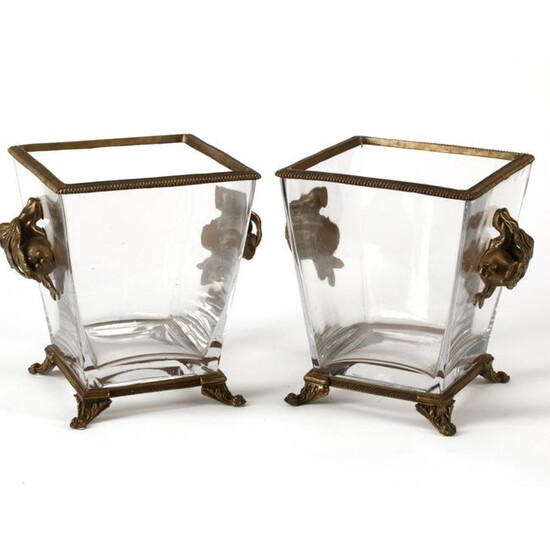 Pair of Dore Bronze Mounted Square Crystal Urns.