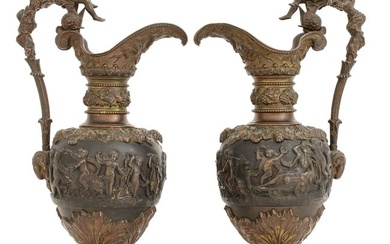 Pair of French Patinated Bronze Figural Ewers