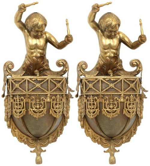 Pair of Gilt Bronze Figural Paneled Wall Sconces