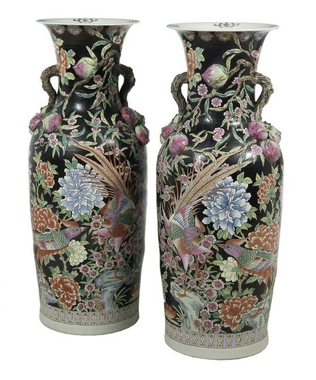 Pair of Large Chinese Famille Noir Floor Vases