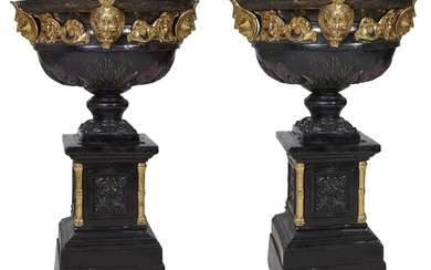 Pair of Large Patinated and Gilt Bronze Jardinieres, 20th c., Urns- H.- 28 in., Dia.- 40 in.; Base
