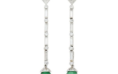 Pair of Platinum, Diamond and Cabochon Emerald Pendant-Earrings