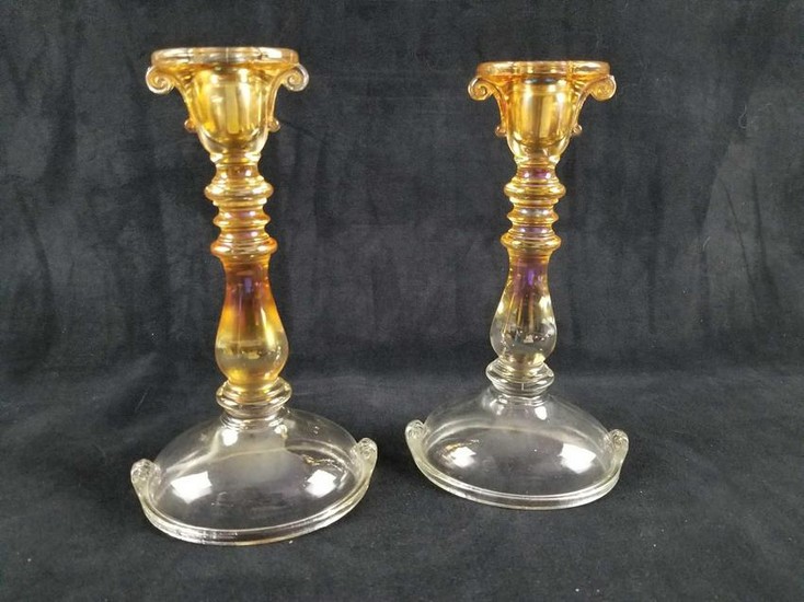 Pair of Vintage Translucent Amber Glass Candle Holders