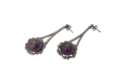 Pair of cabochon amethyst and diamond pendant earrings in later silver setting