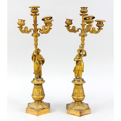 Pair of candlesticks, 19th century, gilded bronze. Shaft as ...