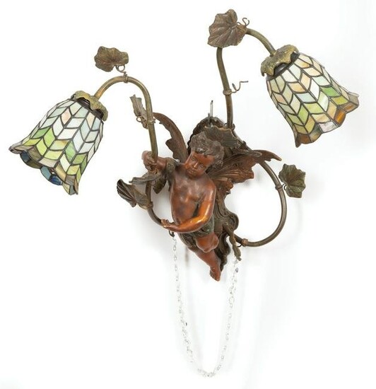 Patinated Metal, Leaded Glass Figural Sconce