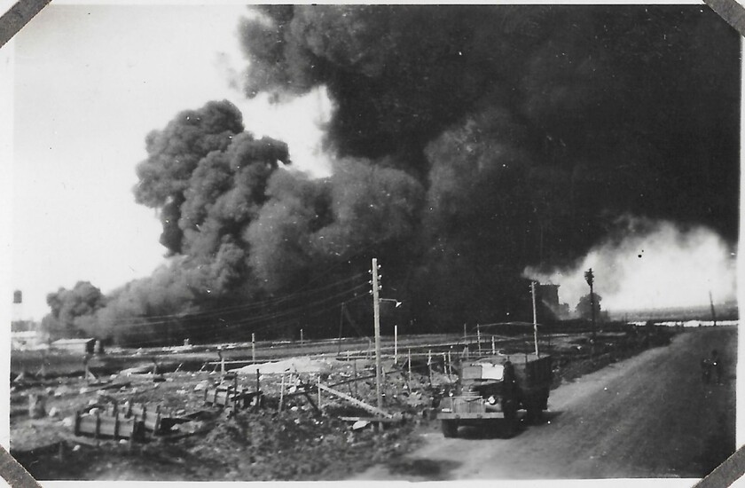 Photos of Bombed Railway Station in Haifa & Oil Fire