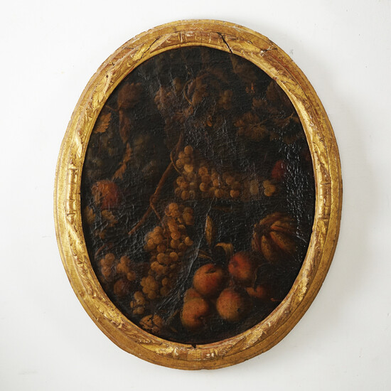 Pittore napoletano del XVII secolo Natura morta con uva, pesche e melone olio...