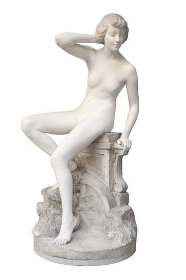 Plaster statue "Nude Woman sitting on a balustrade…