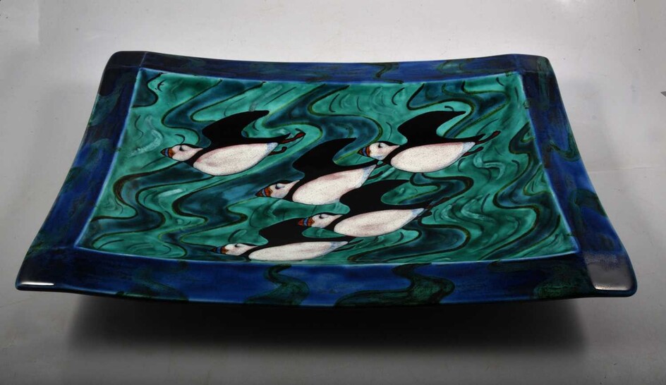 Poole Pottery 'Puffins' rectangular platter, signed by N Massarella.