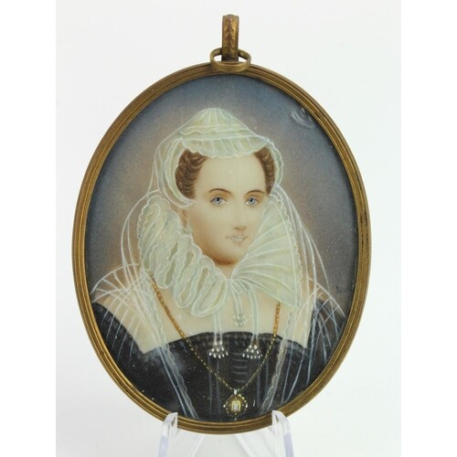 Portrait miniature depiciting a noble lady in white lace hea...