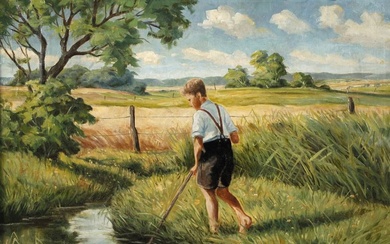 Prof. Friedrich-Karl Gotsch, Garçon jouant Paysage d'été ensoleillé avec des garçons au bord d'un ruisseau,...